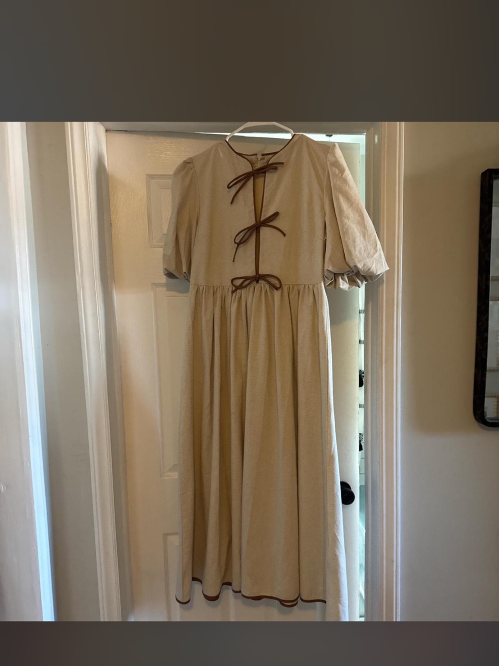 Zoco Cream Midi Dress with Brown Trim and Puff Sleeves